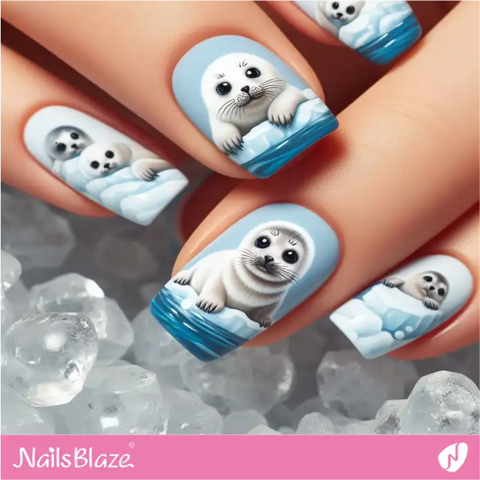 French Nails with Cute Seals | Polar Wonders Nails - NB3138